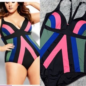New City Chic Plus Size Colorblock Pink Khaki One Piece Push-up Swimsuit